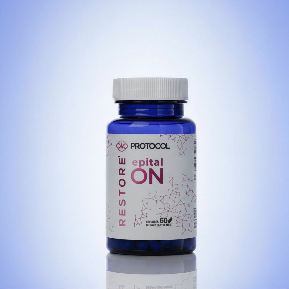 Supplement bottle labeled 'Protocol Restore Epital ON' on a gradient blue background