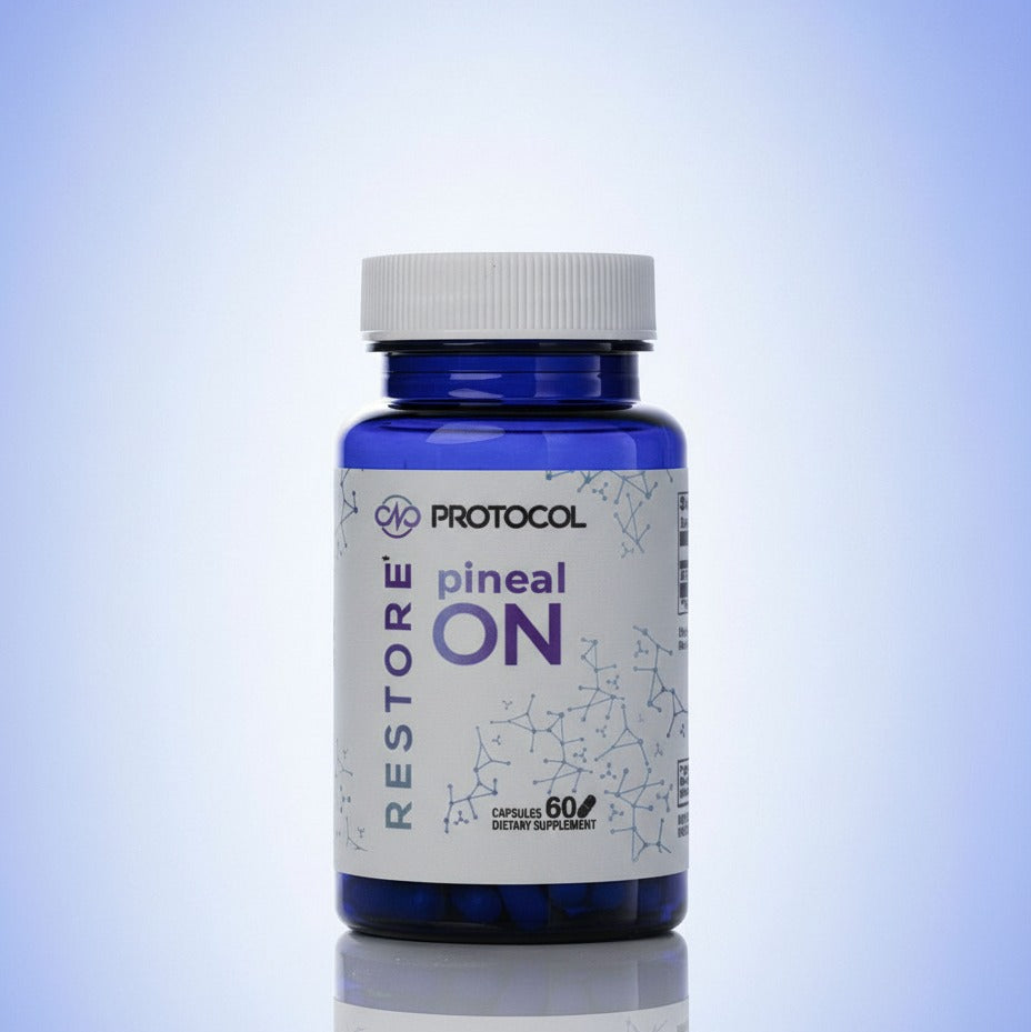 Supplement bottle labeled 'Protocol Pineal ON' on a gradient blue background