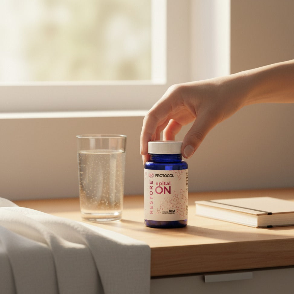 Hand holding a supplement bottle labeled 'Restore Epital ON' next to a glass of water on a wooden surface.