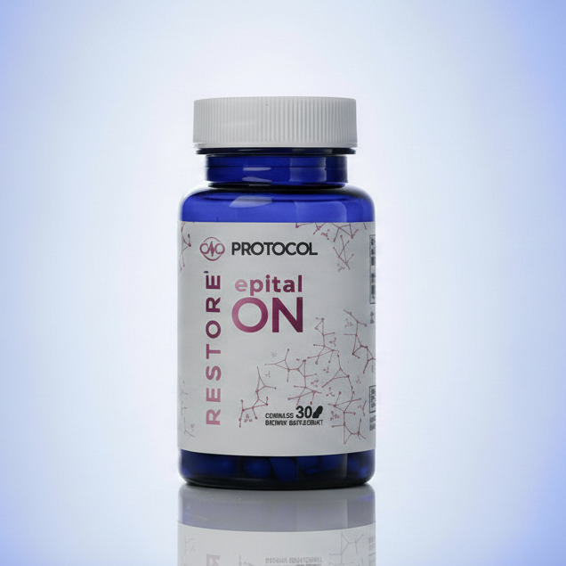 Supplement bottle labeled 'Protocol epital ON' on a gradient background