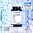 PROTOCOL Restore+ BPC 1 mg, 60 capsules: dietary supplement bottle with one capsule on a clear glass stand, NEW double the BPC per capsule badge