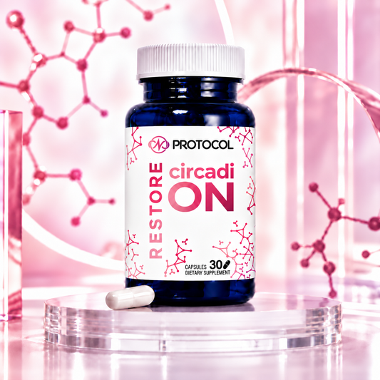 PROTOCOL Restore+ circadiON 3 mg, 30 capsules: dietary supplement bottle with one capsule on a clear glass stand