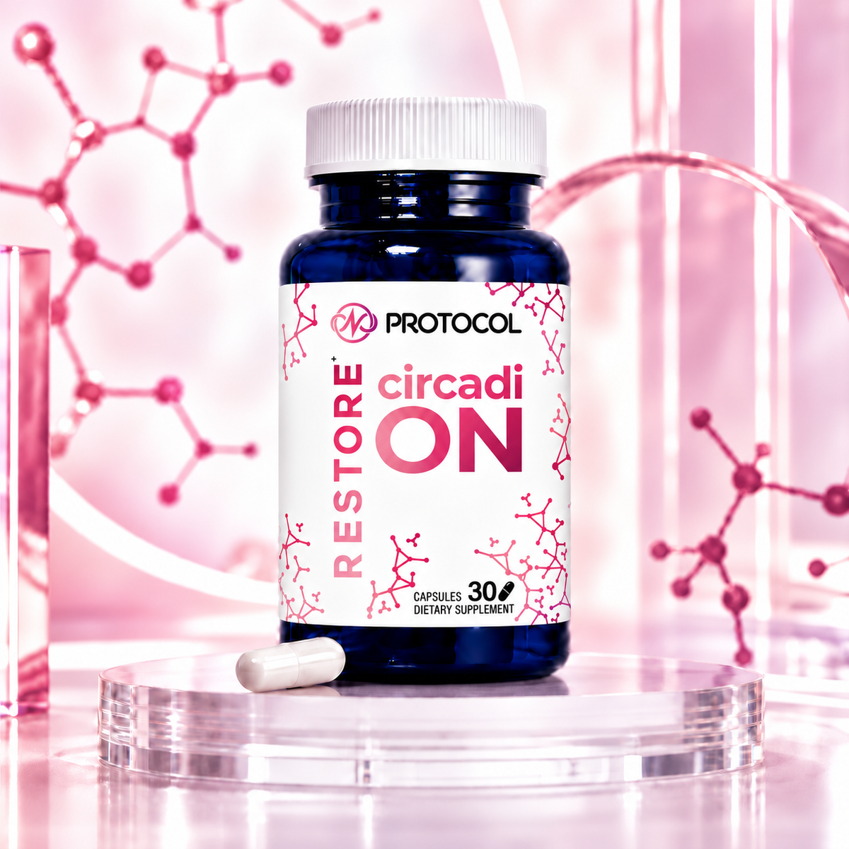 PROTOCOL Restore+ circadiON 3 mg, 30 capsules: dietary supplement bottle with one capsule on a clear glass stand