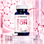 PROTOCOL Restore+ circadiON 3 mg, 30 capsules: dietary supplement bottle with one capsule on a clear glass stand