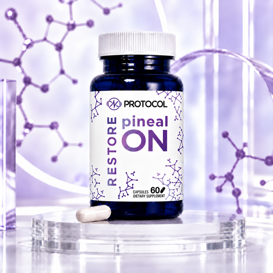 PROTOCOL Restore+ pinealON 1 mg, 60 capsules: dietary supplement bottle with one capsule on a clear glass stand