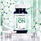 PROTOCOL Restore+ thymON 2.5 mg, 60 capsules: dietary supplement bottle with one capsule on a clear glass stand