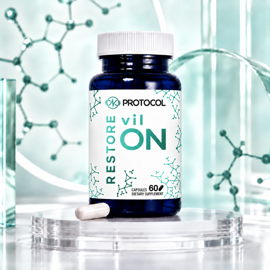 PROTOCOL Restore+ vilON 1 mg, 60 capsules: dietary supplement bottle with one capsule on a clear glass stand